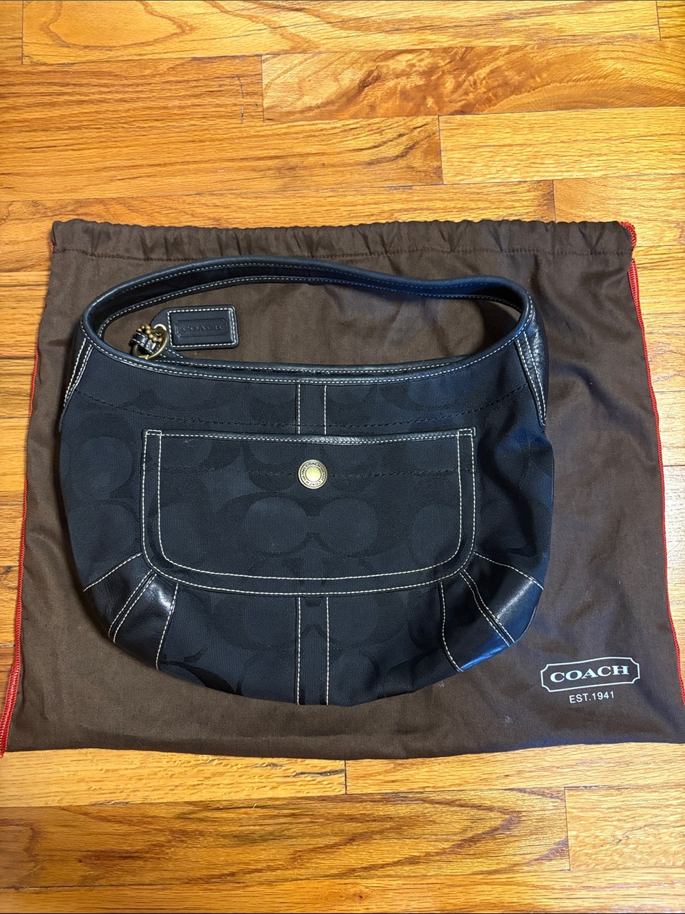 Coach Black Signature Canvas Shoulder Bag with Leather Trim